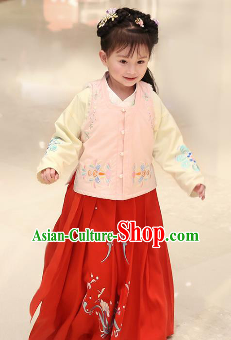 Traditional Chinese Ancient Hanfu Princess Costume Embroidered Pink Vest Blouse and Red Skirt, Asian China Ming Dynasty Palace Lady Clothing for Women