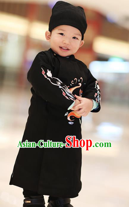Traditional Chinese Ancient Hanfu Costume Embroidered Black Round Collar Robe, Asian China Ming Dynasty Palace Clothing for Kids