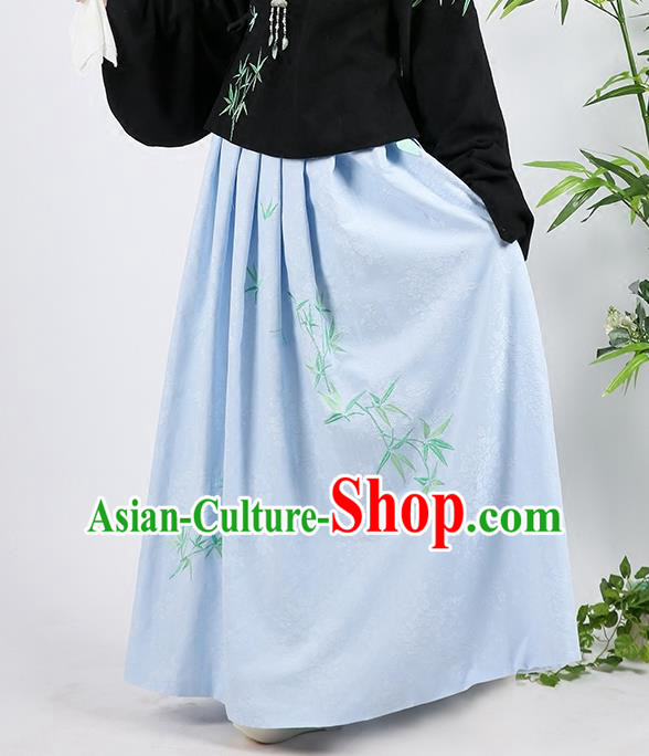 Asian Chinese Ming Dynasty Imperial Princess Costume, Ancient China Palace Lady Embroidered Bamboo Blue Skirt for Women