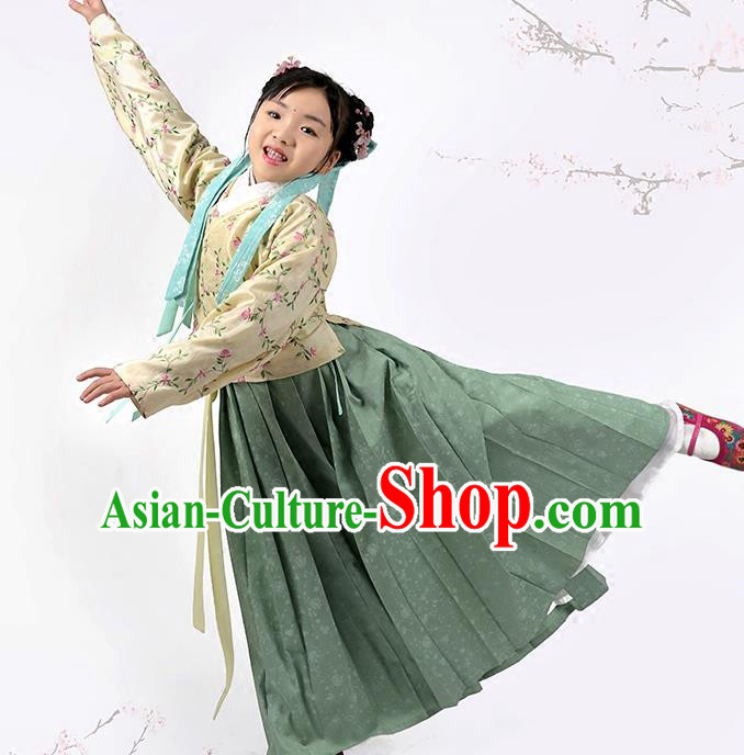 Asian Chinese Ming Dynasty Children Costume Blouse and Skirt, Ancient China Palace Lady Embroidered Clothing for Kids