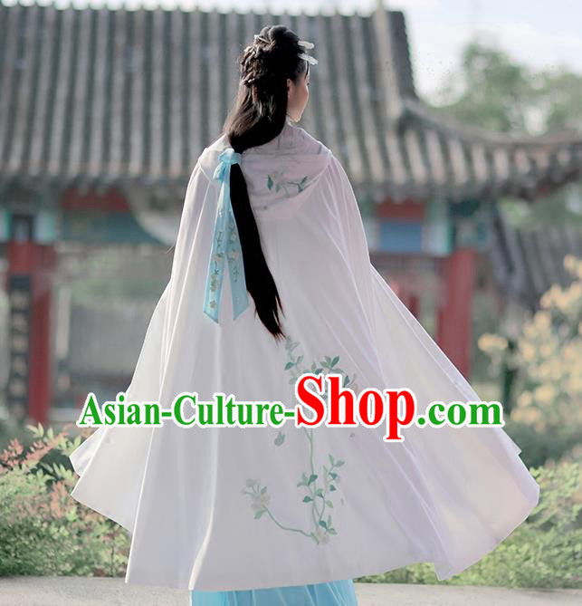 Asian Chinese Ming Dynasty Princess Costume Embroidery White Cloak, Ancient China Palace Lady Embroidered Mantle for Women
