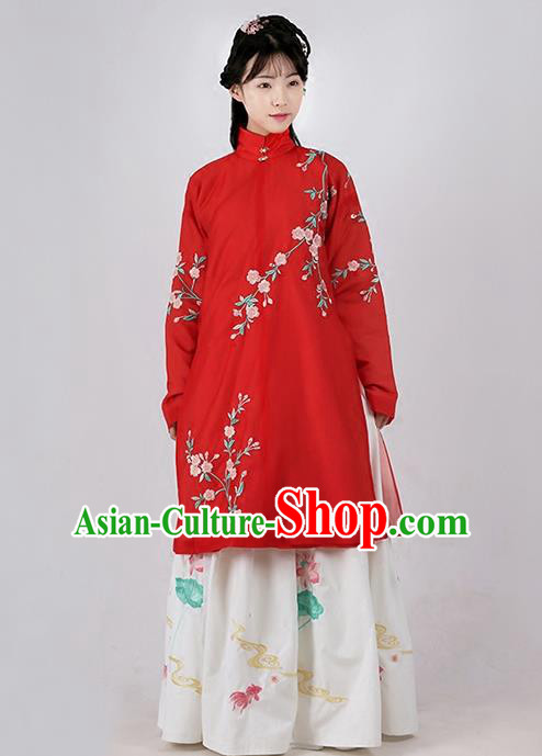 Asian Chinese Ming Dynasty Princess Costume Embroidery Begonia Red Coat, Ancient China Palace Lady Embroidered Dress for Women