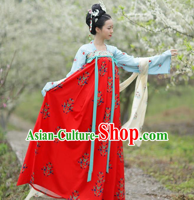 Traditional Chinese Ancient Hanfu Costume Blue Blouse and Red Skirts Complete Set, Asian China Tang Dynasty Princess Embroidered Clothing for Women