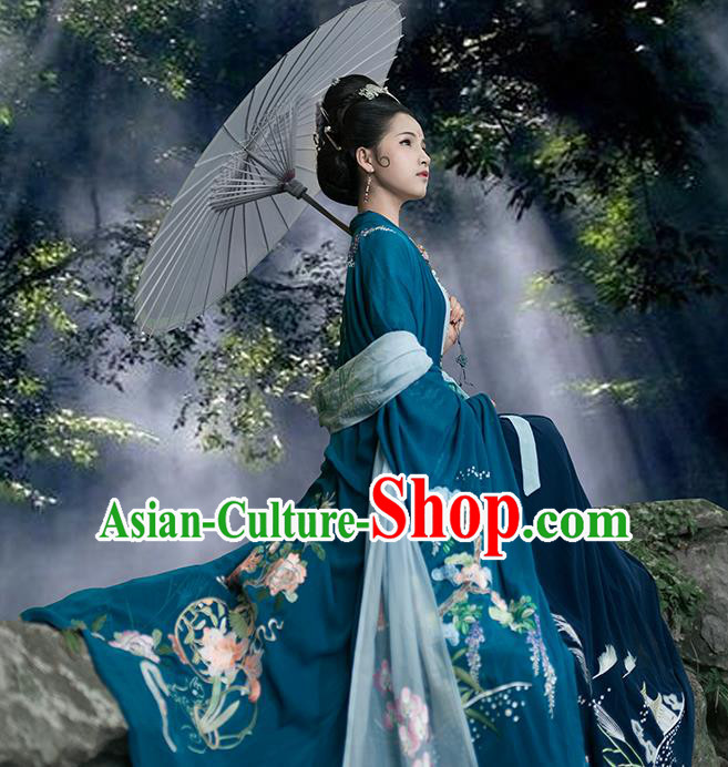 Traditional Chinese Ancient Hanfu Costume Peacock Blue Embroidered Cardigan, Asian China Jin Dynasty Wide Sleeve Cloak for Women