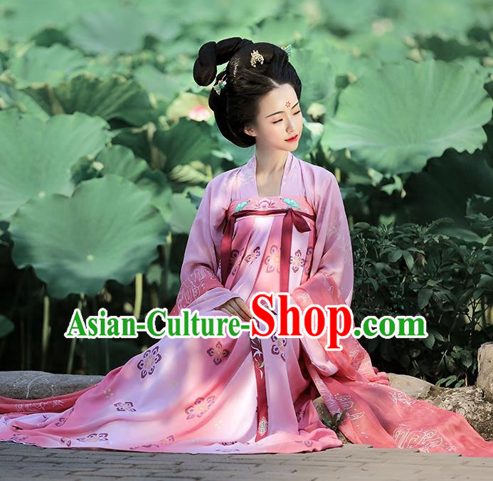 Traditional Chinese Ancient Imperial Concubine Hanfu Embroidered Costume Complete Set, Asian China Tang Dynasty Palace Lady Clothing for Women