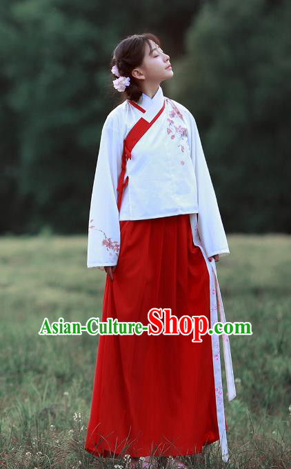 Traditional Chinese Ancient Hanfu Costume Embroidered Slant Opening Blouse and Skirt, Asian China Ming Dynasty Princess Clothing for Women