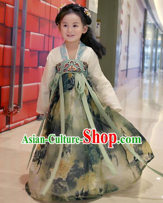 Asian China Ancient Han Dynasty Costume Grey Dress, Traditional Chinese Princess Printing Clothing for Kids