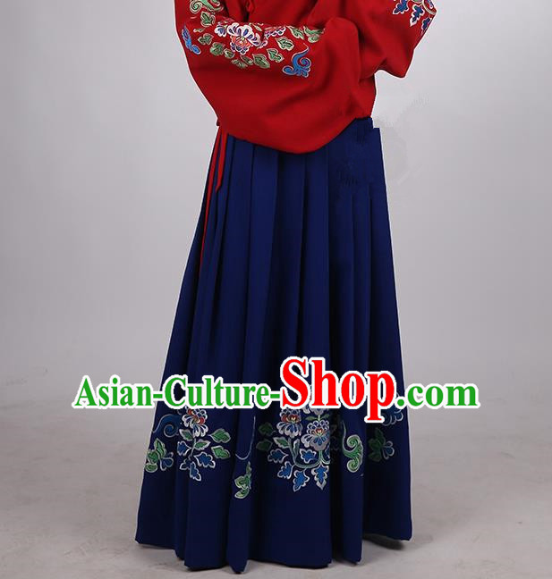 Asian Chinese Ming Dynasty Hanfu Costume Blue Embroidery Skirt, Traditional China Ancient Embroidered Dress Clothing for Women