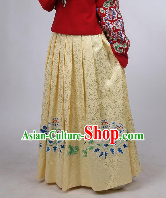 Asian Chinese Ming Dynasty Hanfu Costume Yellow Satin Embroidery Skirt, Traditional China Ancient Embroidered Dress Clothing for Women