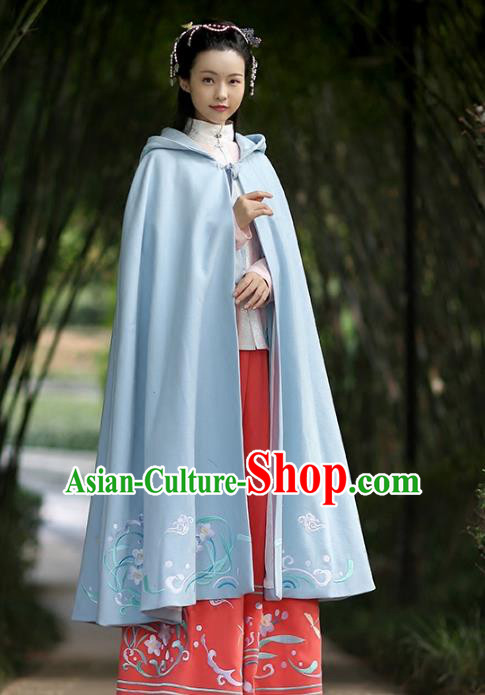 Asian Chinese Ming Dynasty Hanfu Costume Embroidered Swordswoman Cape, Traditional China Ancient Princess Blue Cloak Clothing for Women