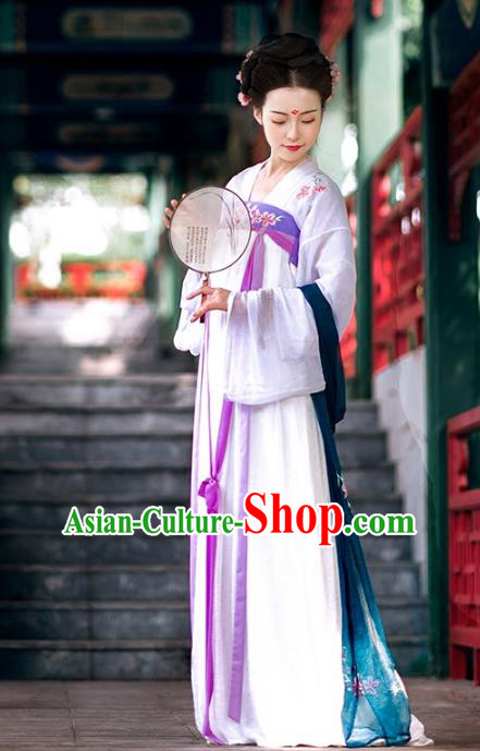 Asian Chinese Tang Dynasty Imperial Concubine Costume Hanfu Purple Embroidery Slip Skirt, Traditional China Ancient Embroidered Dress Clothing for Women