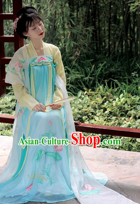 Asian Chinese Tang Dynasty Imperial Princess Costume Hanfu Embroidery Green Slip Skirt, Traditional China Ancient Embroidered Dress Clothing for Women