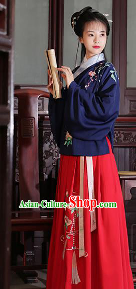 Asian Chinese Ming Dynasty Young Lady Costume Embroidery Blue Blouse and Slip Skirt, Traditional China Ancient Embroidered Clothing for Women