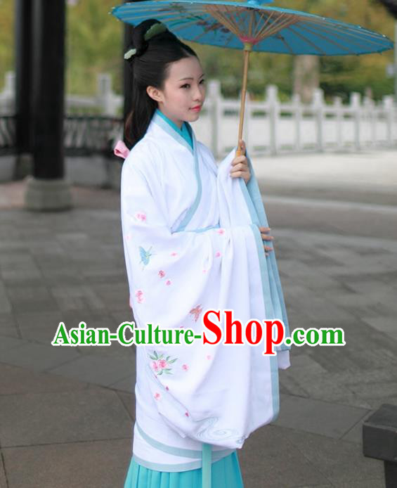 Asian Chinese Song Dynasty Young Lady Costume Hanfu Embroidered Blue Curve Bottom, Traditional China Ancient Princess Dress for Women