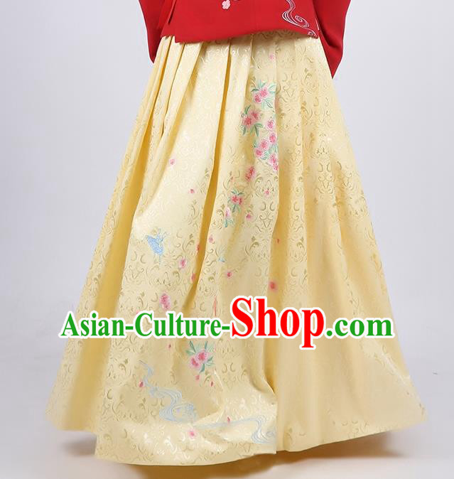 Asian Chinese Song Dynasty Young Lady Costume Hanfu Embroidered Peach Blossom Yellow Skirt, Traditional China Ancient Princess Dress for Women