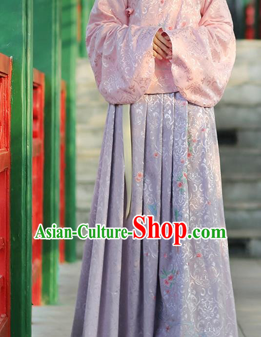 Asian Chinese Song Dynasty Young Lady Costume Hanfu Embroidered Peach Blossom Lilac Skirt, Traditional China Ancient Princess Dress for Women