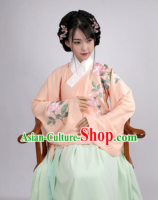 Asian Chinese Ming Dynasty Young Lady Costume Hanfu Embroidered Pink Blouse, Traditional China Ancient Princess Upper Outer Garment for Women