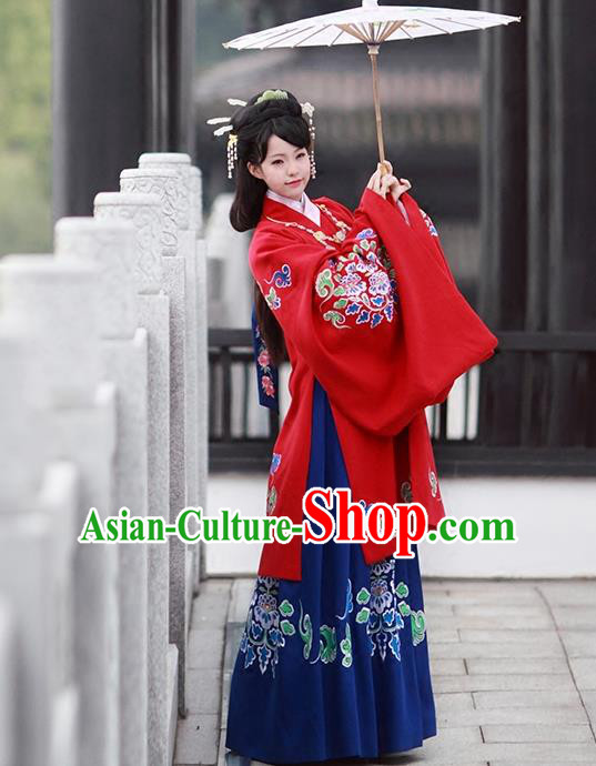 Asian Chinese Tang Dynasty Imperial Princess Costume, Traditional China Ancient Palace Lady Embroidered Red Cloak for Women