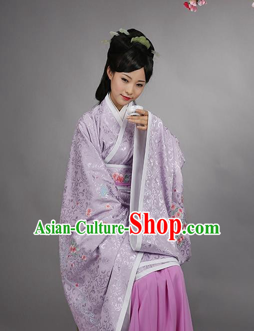 Asian Chinese Han Dynasty Imperial Princess Purple Curve Bottom Costume, Traditional China Ancient Palace Lady Embroidered Dress for Women