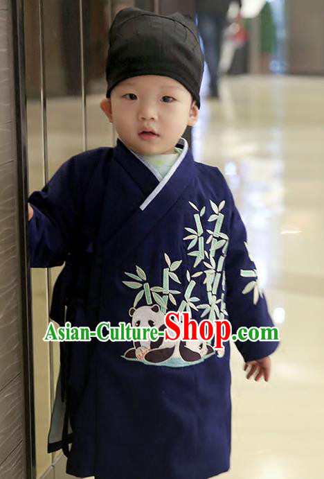 Asian Chinese Ming Dynasty Children Costume, Traditional China Ancient Embroidered Bamboo Navy Robe Clothing for Kids