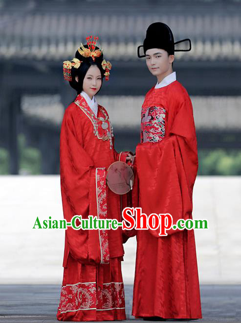 Asian Chinese Ming Dynasty Bride and Bridegroom Wedding Costume Complete Set, Traditional China Ancient Embroidered Red Clothing