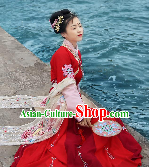 Asian Chinese Tang Dynasty Imperial Concubine Costume, Ancient China Palace Lady Embroidered Red Dress Clothing