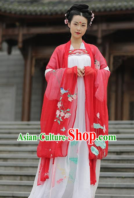 Asian Chinese Tang Dynasty Young Lady Costume Wide Sleeve Cardigan, Ancient China Princess Embroidered Red Cloak Clothing for Women