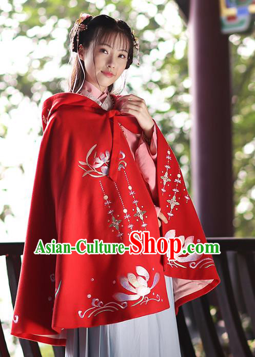 Asian Chinese Ming Dynasty Young Lady Costume Red Cloak, Ancient China Princess Embroidered Mantle Clothing for Women