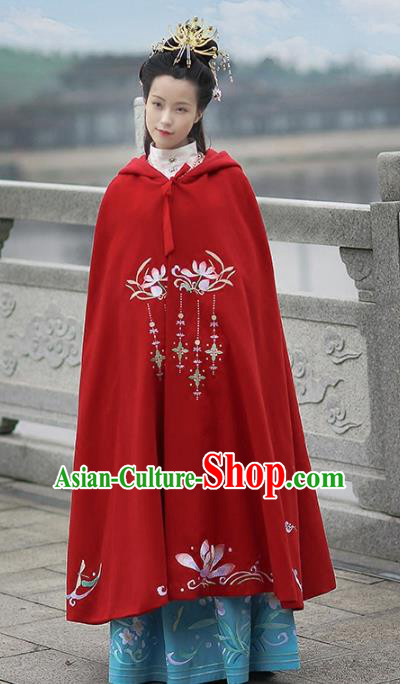 Asian Chinese MIng Dynasty Young Lady Costume Red Cloak, Ancient China Princess Embroidered Mantle Clothing for Women