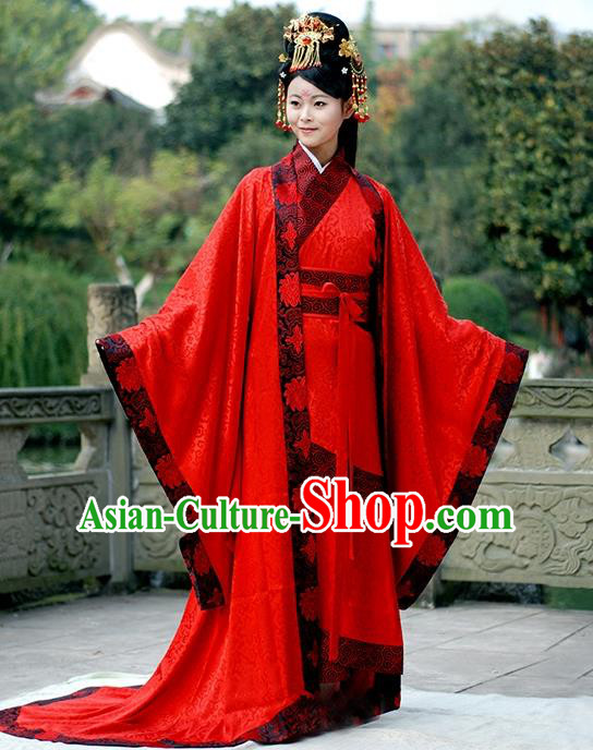 Asian Chinese Han Dynasty Imperial Concubine Wedding Costume, Ancient China Palace Lady Embroidered Red Clothing for Women