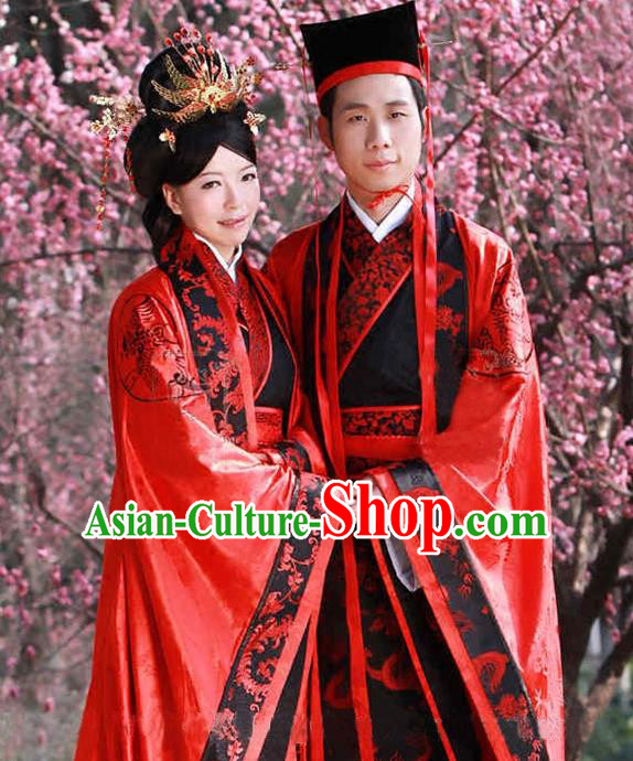 Asian Chinese Zhou Dynasty Wedding Costume Complete Set, Ancient China Bride and Bridegroom Embroidered Clothing for Women for Men