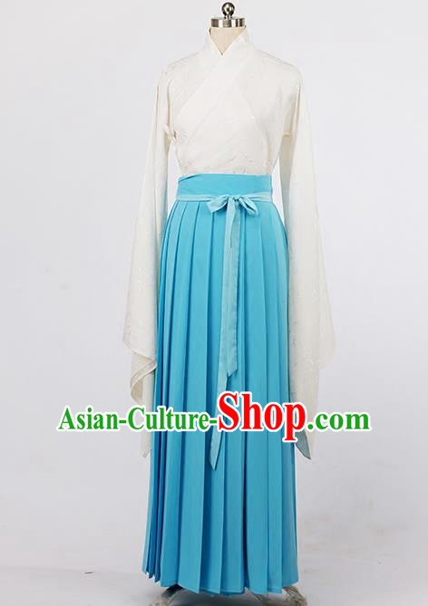 Asian Chinese Ming Dynasty Young Lady Costume, Ancient China Princess Silk Blue Skirt Clothing for Women