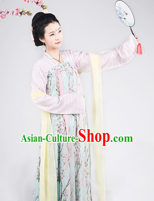 Asian Chinese Tang Dynasty Princess Costume Slip Skirt Complete Set, Ancient China Palace Lady Printing Clothing for Women