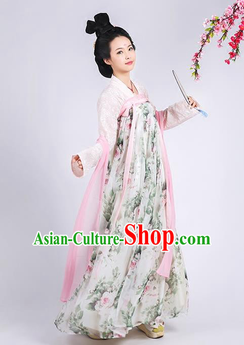 Asian Chinese Tang Dynasty Princess Costume Complete Set, Ancient China Palace Lady Printing Slip Skirt Clothing for Women