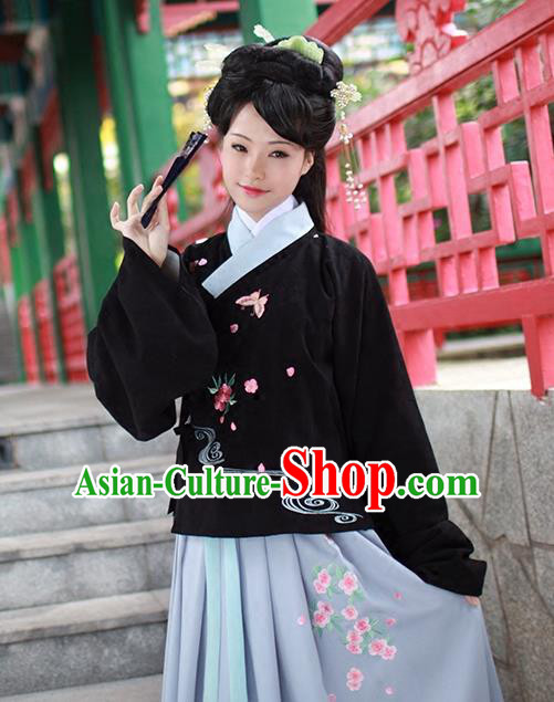 Asian Chinese Ming Dynasty Princess Costume Embroidery Black Blouse, Ancient China Palace Lady Embroidered Upper Outer Garment Clothing for Women