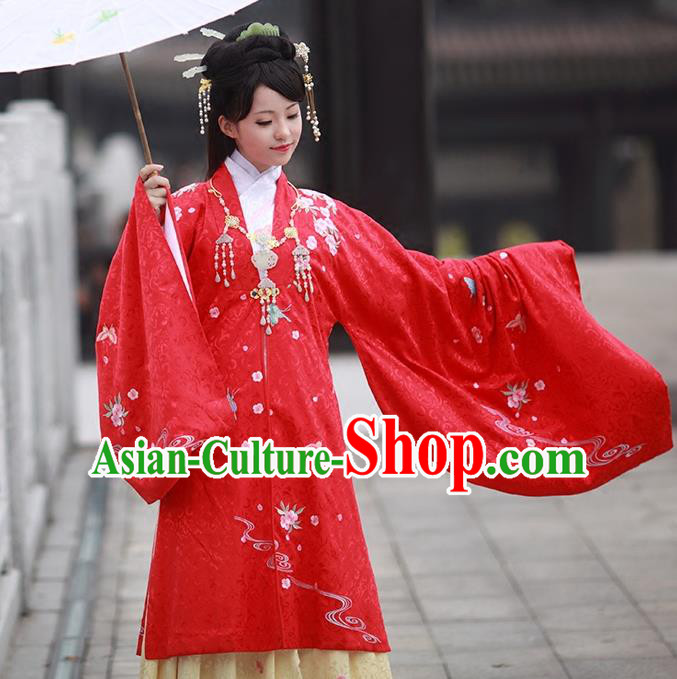 Asian Chinese Ming Dynasty Princess Costume Embroidery Red Cloak, Ancient China Palace Lady Embroidered Cardigan Clothing for Women