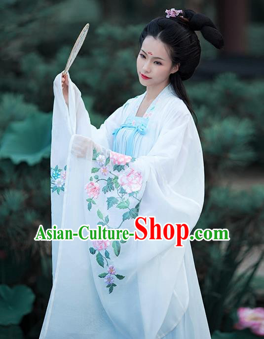 Asian Chinese Tang Dynasty Princess Embroidery Costume White Cloak, Ancient China Palace Lady Embroidered Wide Sleeve Cardigan for Women