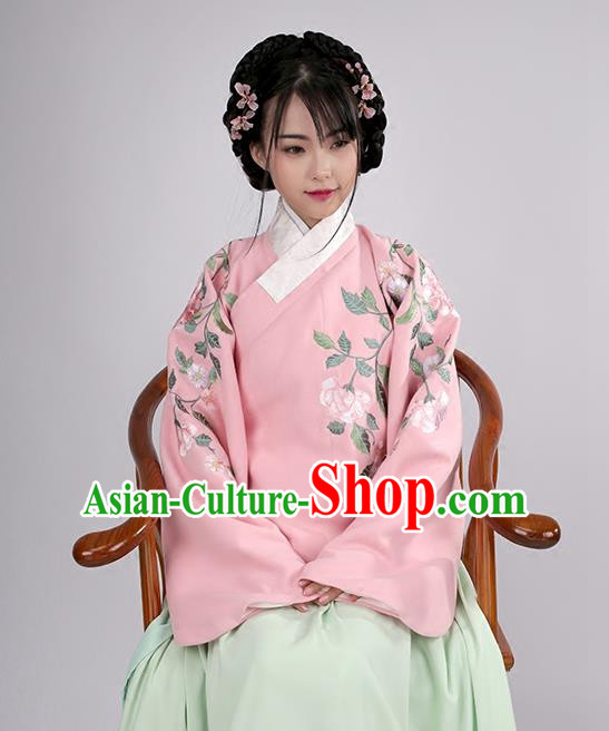Asian Chinese Ming Dynasty Young Lady Costume Pink Embroidery Wool Blouse, Ancient China Princess Embroidered Clothing for Women