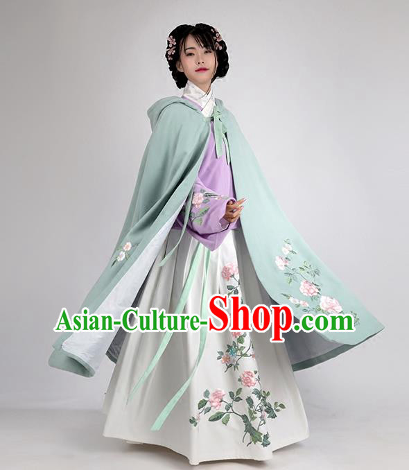 Asian Chinese Ming Dynasty Young Lady Costume Green Embroidery Wool Cloak, Ancient China Princess Embroidered Mantle Clothing for Women