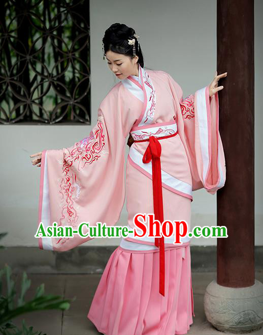 Asian Chinese Han Dynasty Palace Lady Costume Pink Embroidery Curve Bottom, Ancient China Princess Embroidered Hanfu Dress Clothing for Women