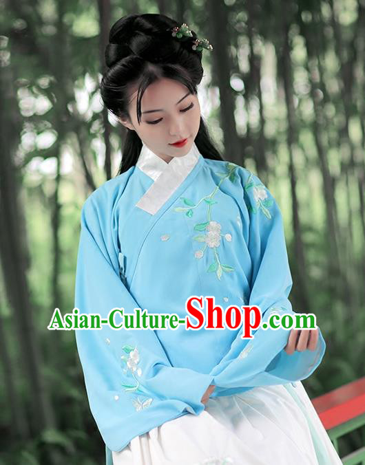 Asian Chinese Ming Dynasty Young Lady Costume Blue Blouse, Ancient China Princess Embroidered Hanfu Clothing for Women