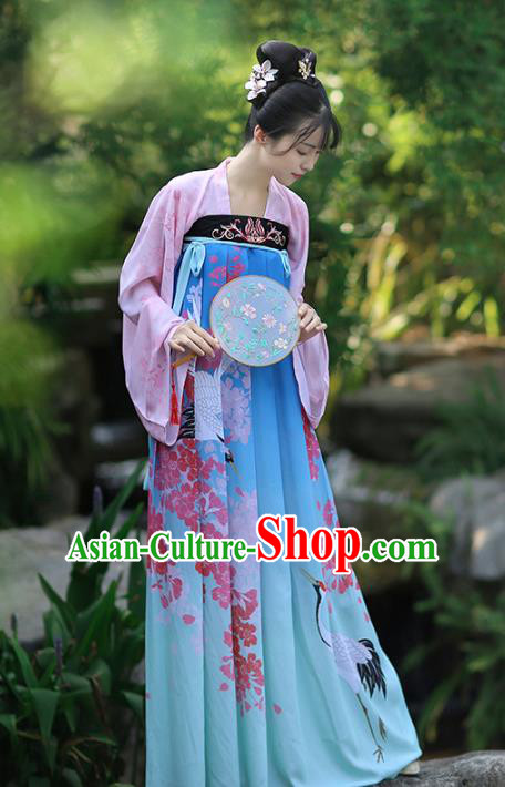 Asian Chinese Tang Dynasty Palace Lady Costume Printing Blue Dress, Ancient China Princess Hanfu Clothing for Women