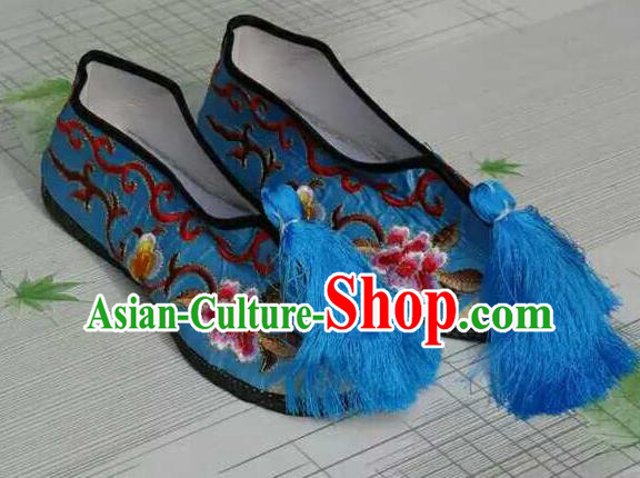 Traditional Chinese Peking Opera Diva Embroidered Shoes, China Ancient Beijing Opera Hua Tan Blue Blood Stained Shoes for Women