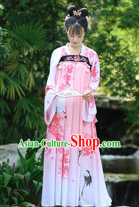 Asian Chinese Tang Dynasty Palace Lady Costume Printing Pink Dress, Ancient China Princess Hanfu Clothing for Women