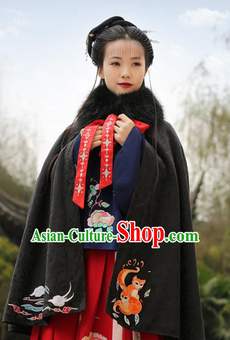 Asian Chinese Ming Dynasty Young Lady Embroidered Black Wool Cloak, Ancient China Princess Hanfu Short Mantle Clothing for Women