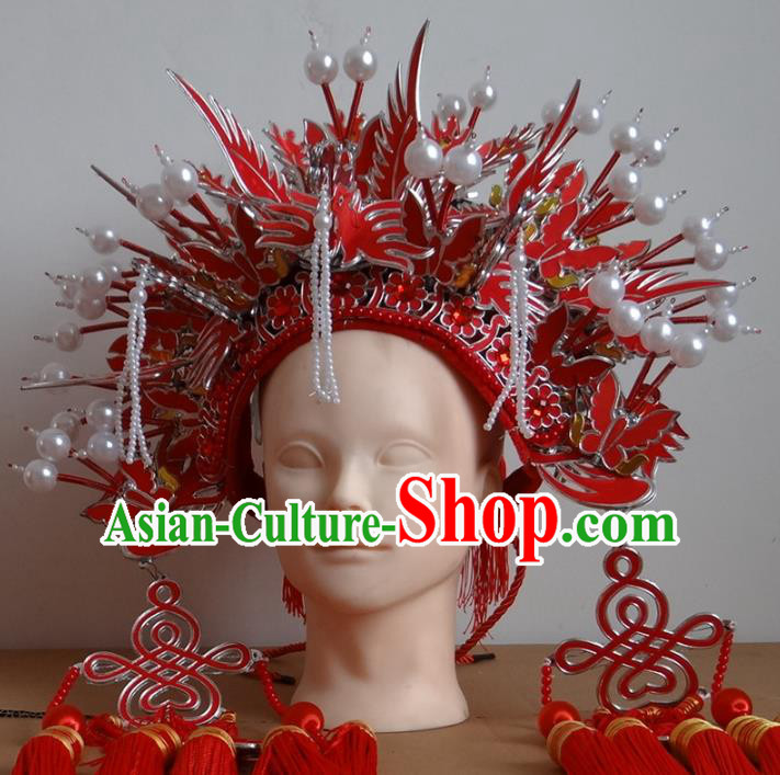 Traditional Chinese Ming Dynasty Imperial Empress Wedding Hats, China Ancient Bride Red Phoenix Coronet Headwear for Women