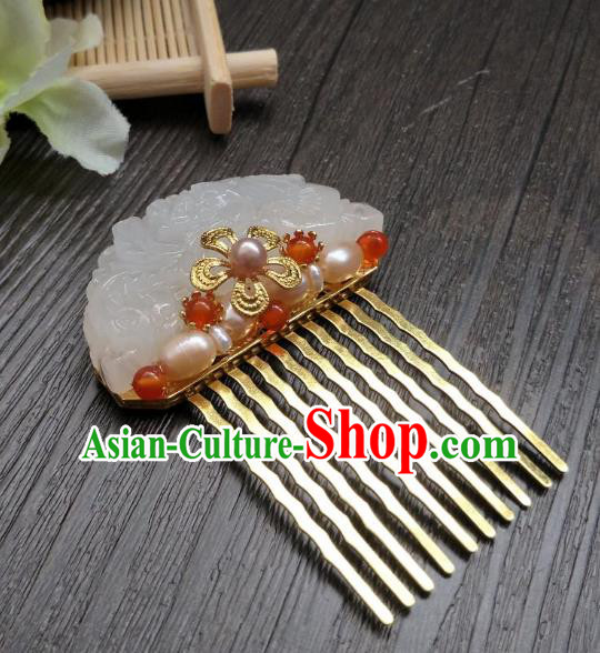 Traditional Handmade Chinese Hair Accessories Hanfu Red Beads Hairpins, China Ancient Tang Dynasty Palace Lady Jade Hair Comb for Women