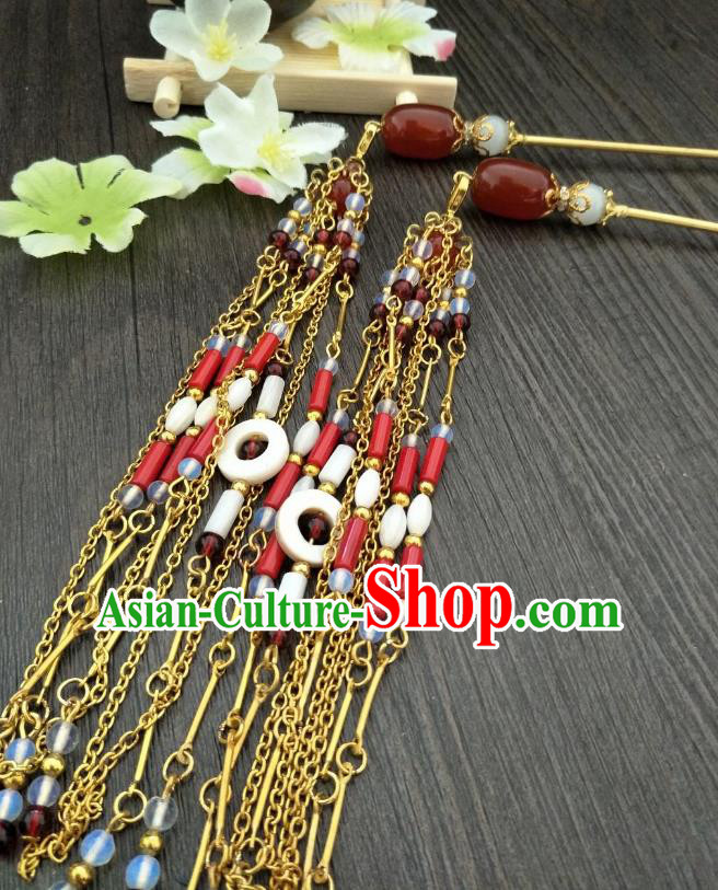 Traditional Handmade Chinese Hair Accessories Hanfu Tassel Hairpins, China Ancient Tang Dynasty Palace Lady Red Agate Step Shake for Women