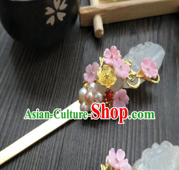 Traditional Handmade Chinese Hair Accessories Pink Flowers Jade Hairpins, China Ancient Tang Dynasty Palace Lady Hanfu Hair Stick for Women