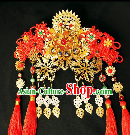 Traditional Handmade Chinese Hair Accessories Wedding Golden Phoenix Coronet, China Xiuhe Suit Tassel Step Shake Hairpins for Women